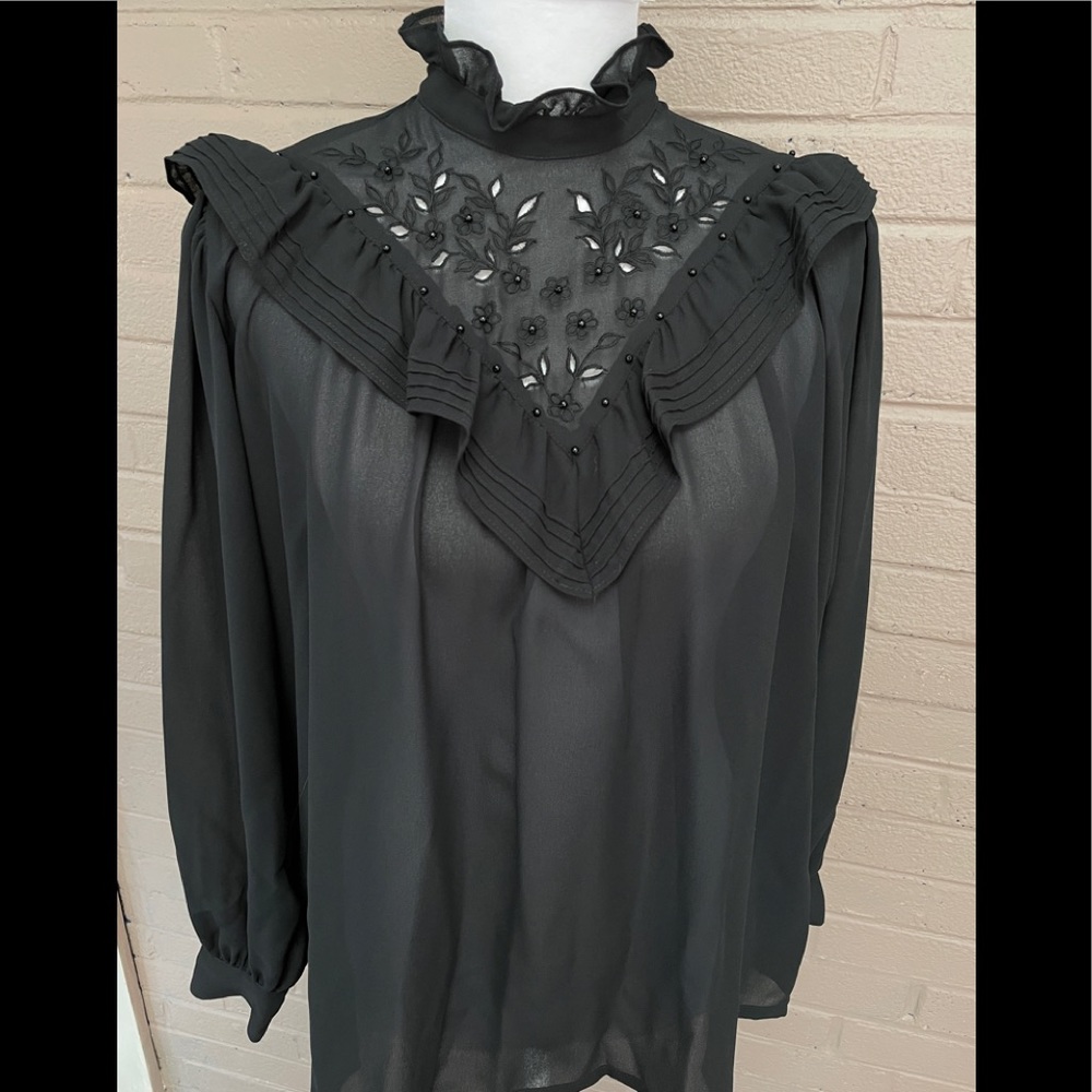 Vintage black ruffle collar shear blouse  XL - Picture 10 of 12